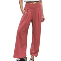 Women's Linen Pants High Waist Wide Leg Palazzo Pants For Women Smocked Elastic Waist Loose Comfy Casual Pajama Pants Pockets, Women's Casual Pants L