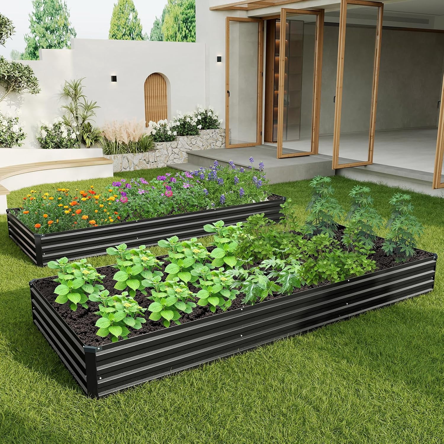 12×4×1FT(2PCS) Galvanized Raised Garden Bed Kit Metal Planter Boxes,Large Outdoor Planters Garden for Planting Vegetables,Flowers,Herbs -Black