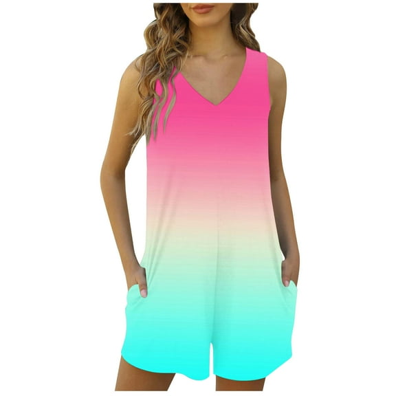 Tank Top Romper for Women Summer Casual Color Print Zip Back Short Jumpsuit with Pocket Wide Leg Loose Fashion Outfits, Multicolor, L