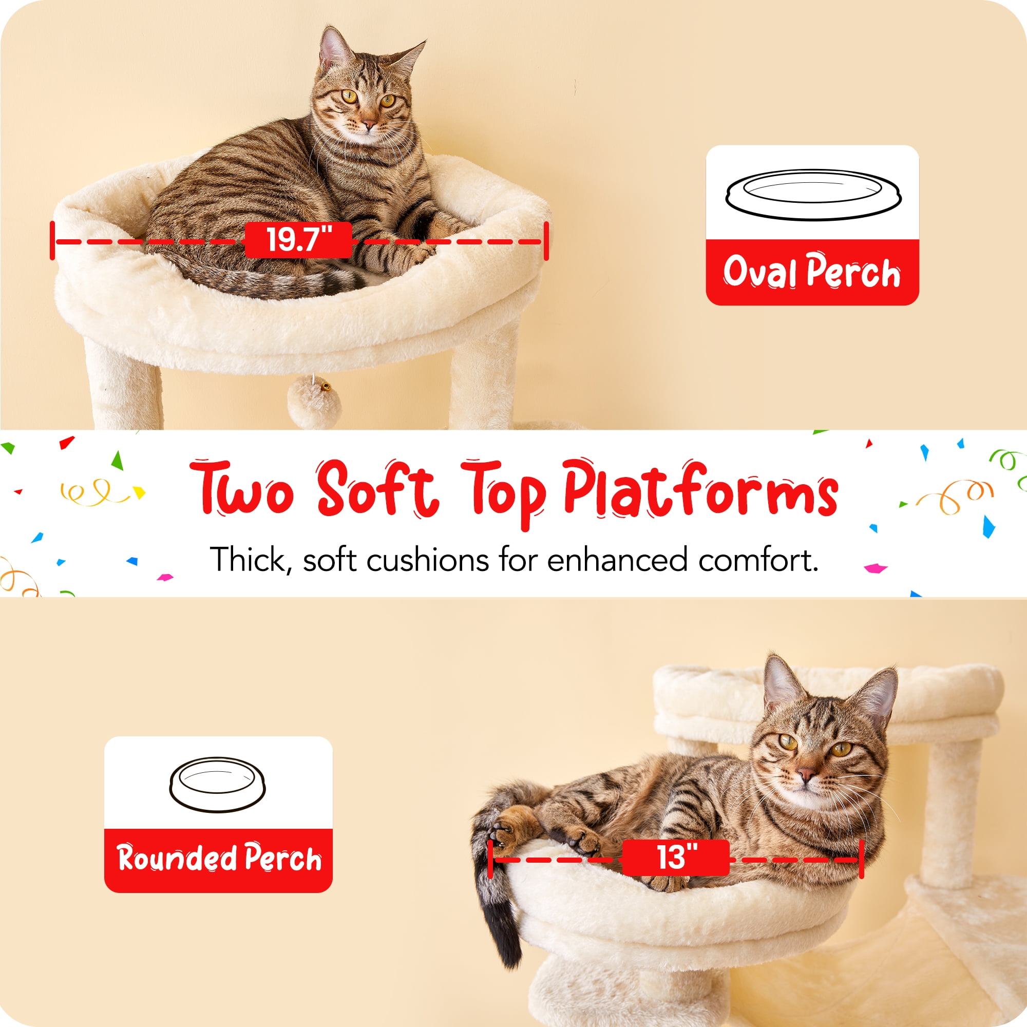 Furcato 77-Inch Cat Tree for Indoor Cats, Multi-Level Large Cat Tower with 4 Hammocks, 2 Padded Perches, Large Cat Condo, Beige