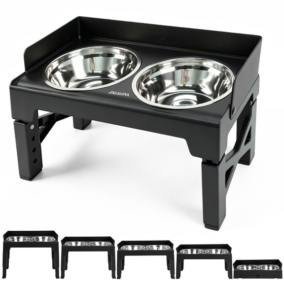 ZALALOVA Elevated Dog Bowl Stand with 2 Stainless Steel Bowls, High-Wall Splash Guard, Adjustable Raised Feeder with 5 Heights (3.15", 8.9", 10",11.2", 12.4") for Medium Large Dogs (Black)