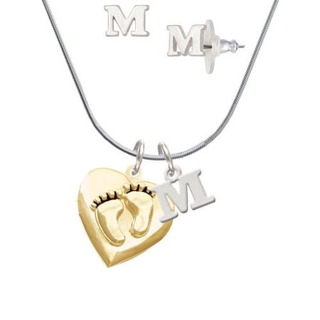 Gold Tone Baby Feet Heart Locket – M Initial Charm Necklace and Stud Earrings Jewelry Set