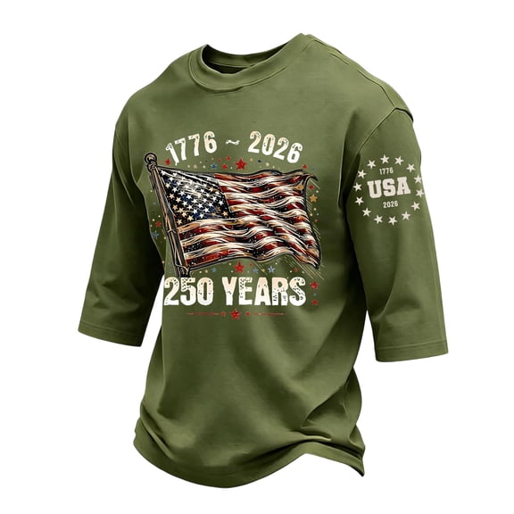Havenx 4th Of July Shirts for Men Three-quarter Sleeve Crew Neck Shirts American Flag Design T-Shirts Cross Patriotic 250 Years Of Freedom Tee,Camouflage Green L