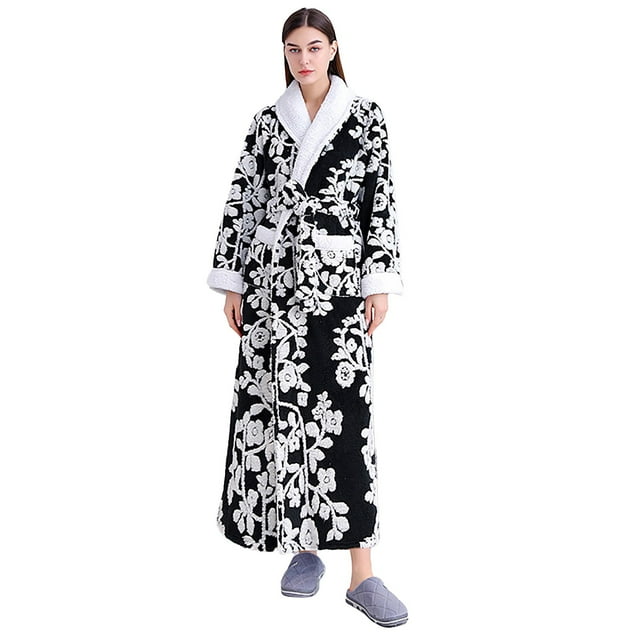 WZXFASHION Women's Fleece Robe Long Warm Plush Bathrobe Fuzzy House Coat Pattern WomenRobes Black XXXL