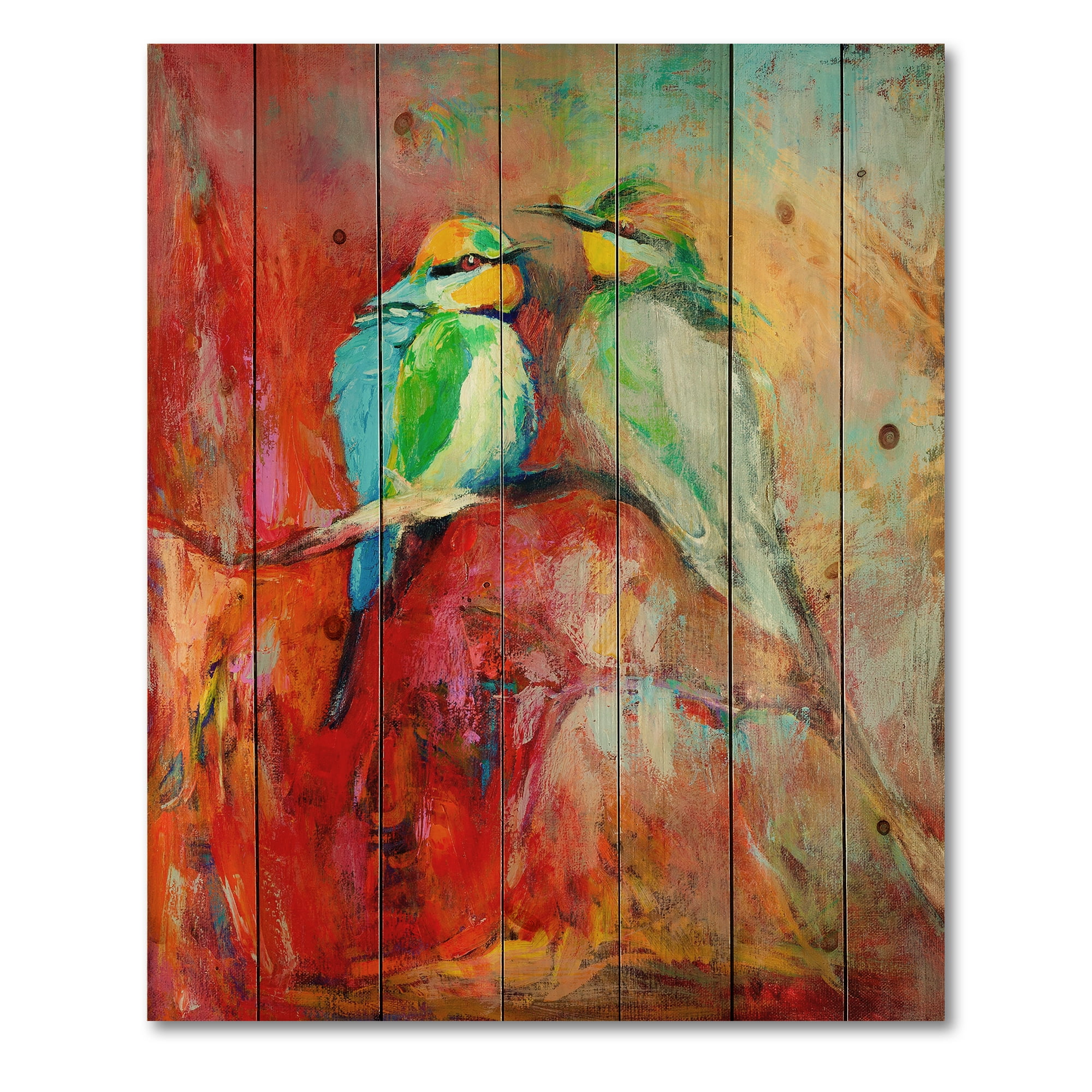 Designart 'Blue Tailed Bee Eaters Sitting On A Branch' Nautical & Coastal Print on Natural Pine Wood
