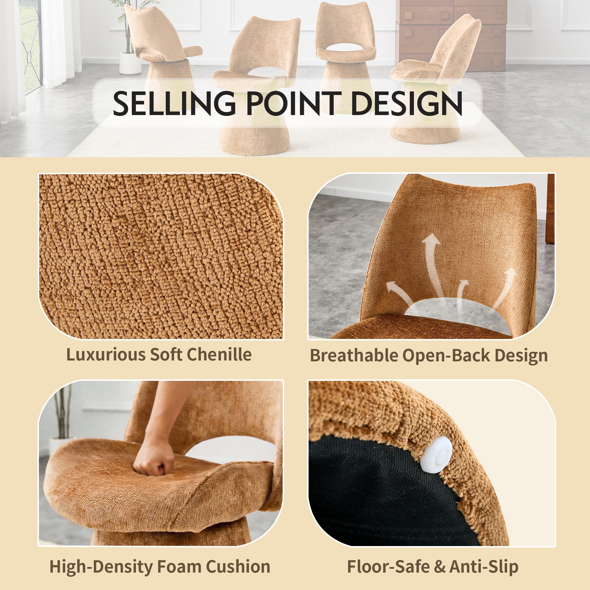 Accent Chair with Hollow Back Design, Modern Chenille Dining Chair, Upholstered Vanity Chair with Metal Base for Living Room, Bedroom, Brown