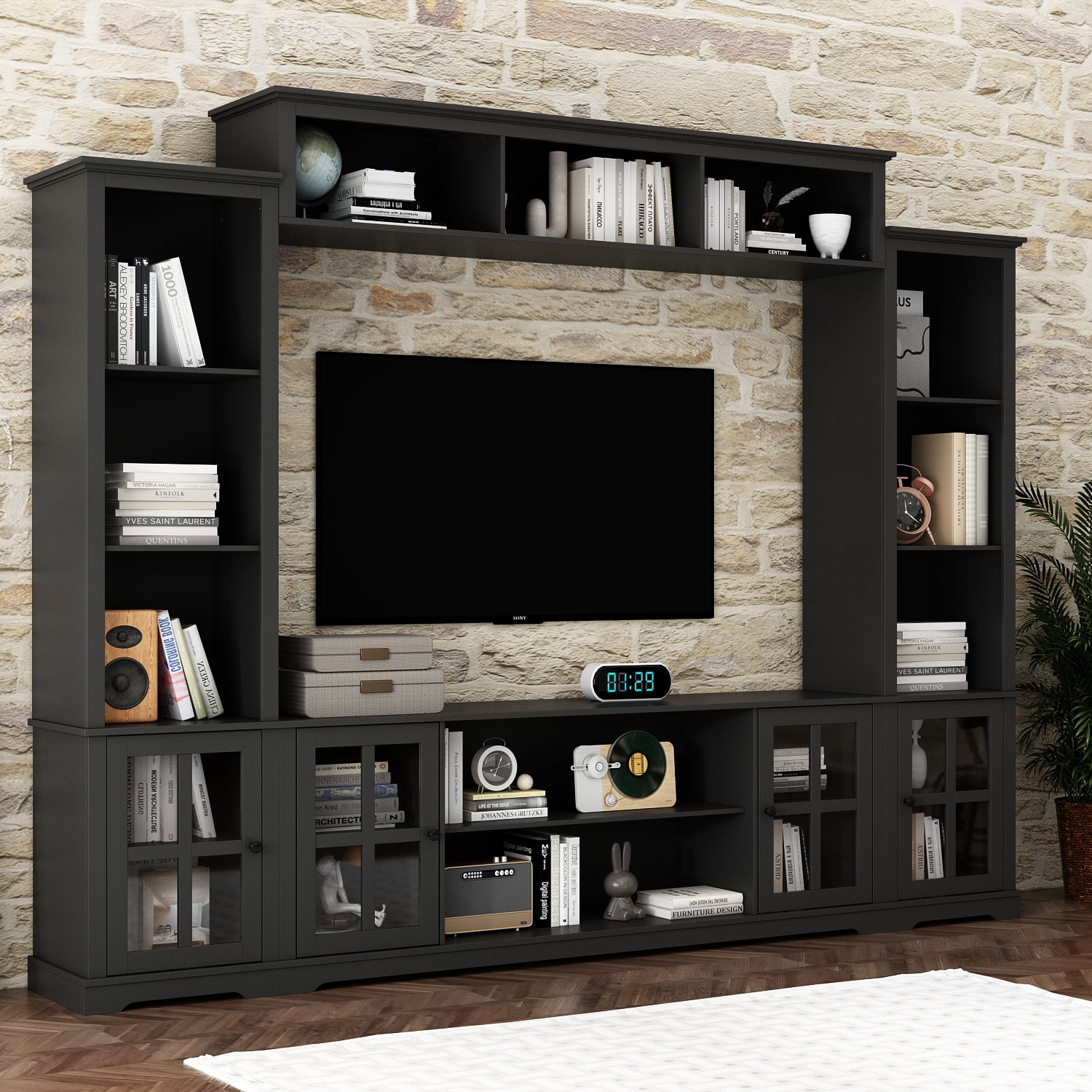 OXYLIFE Large Entertainment Center with Bookcase, TV Media Center Console Table with Open Shelves and Glass Door, Black