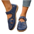 thumbnail image 4 of YgkuHd Women's Casual Flat Sandals Closed Toe Openwork Details Perforated Upper Soft Leather Hook-and-Loop Strap Navy,9, 4 of 9