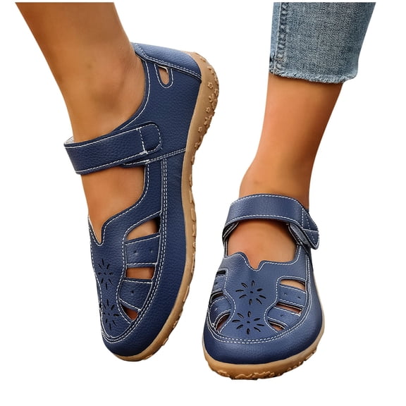 hoksml Women's Closed Toe Cutout Flats, Adjustable Strap PU Leather Shoes for Casual Walking Wear Black Navy White Khaki