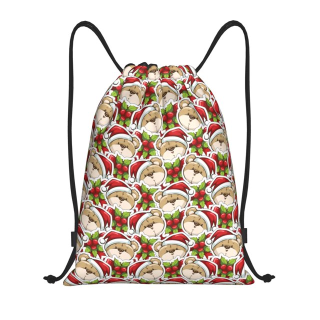 Fotbe Christmas Hat bear Bolsa Mochila con Cordón Estampada, Bolsa de Gimnasio Deportiva, Bolsa Cinch, Bolsa con Cordón para Hombres y Mujeres-Small