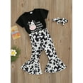 thumbnail image 3 of Genuiskids Kids Toddler Baby Girl Cow Outfit Summer Letters Printed Short Sleeve T Shirt Top Cow Print Flared Pants Set, 3 of 8