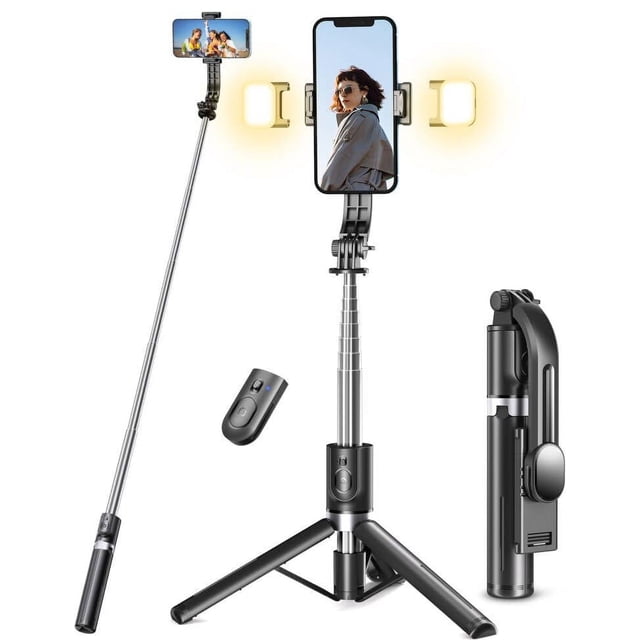 Selfie Stick Tripod with Light, 45'' Selfie Stick with Wireless Remote, Portable Phone Tripod Compatible with iPhone 15 Pro Max/15/14 Pro/14/13, Samsung S22/ S23 Ultra/Android Smartphone