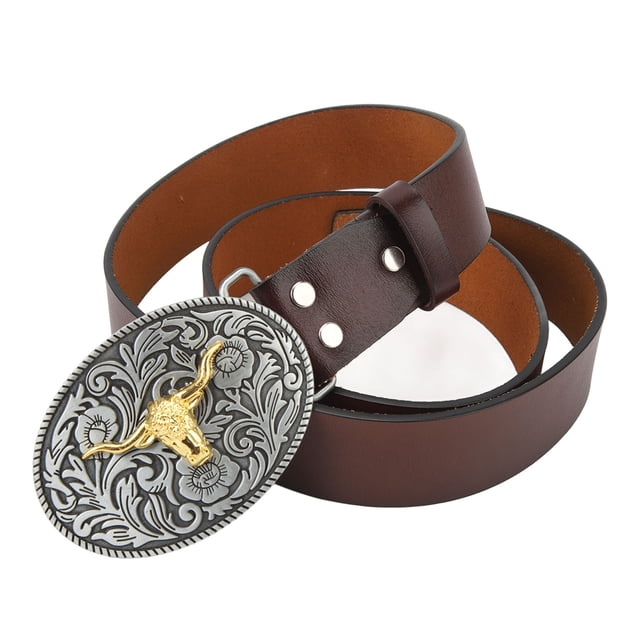 Cinturón vaquero occidental para hombre, de cuero, ajustable, estilo retro vintage, con estampado de toro, hebilla informal para uso diario, color marrón, 115 cm/45,3 pulgadas