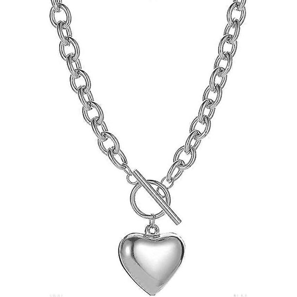 Chain Necklace for Women 18K White Gold Plated Chunky Cuban Chain Link Necklace with Heart Hypoallergenic Jewelry for Women