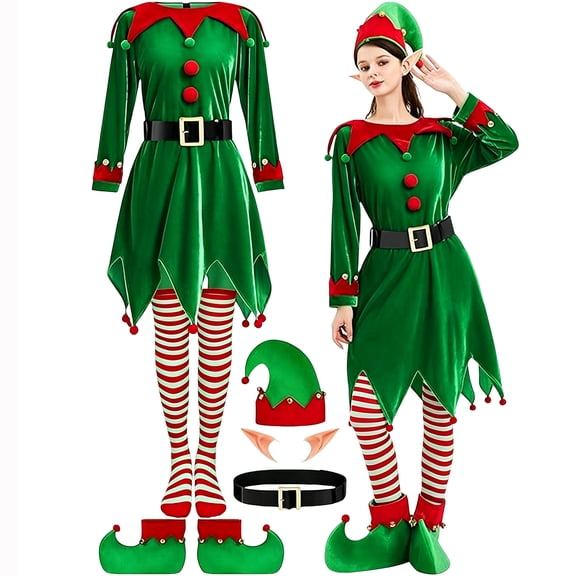 Women’s Christmas Elf Costume Set, Christmas Elf Dress with Velvet Santa Helper Outfit, Hat Ears Shoes Belt Socks Accessories for Xmas Holiday Party and Cosplay