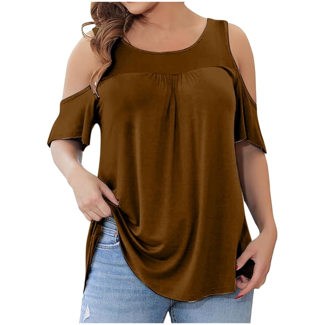FAIWAD Women's Summer Cold Shoulder Tops Short Sleeve Crewneck T-Shirts Solid Color Casual Basic Tunic Blouse