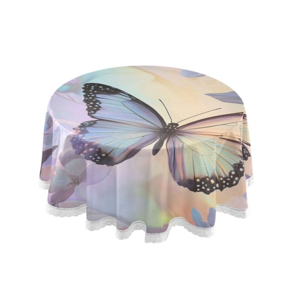 Round Single Sided Printed Tablecloth, 60 Inch Polyester Round Table Cover with White Lace Trim, Wrinkle Resistant Decorative Table Cloth for Home Purple Rainbow Butterfly
