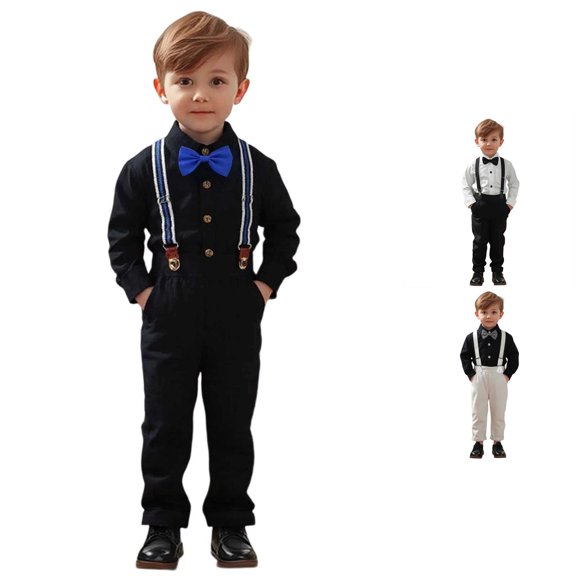 CUZIBR Child Toddler Boys Long Sleeve Solid Color T Shirt Tops Suspenders Pants Child Kids Gentleman Outfit Sets Clothing Sets,Black2,6-12 Months