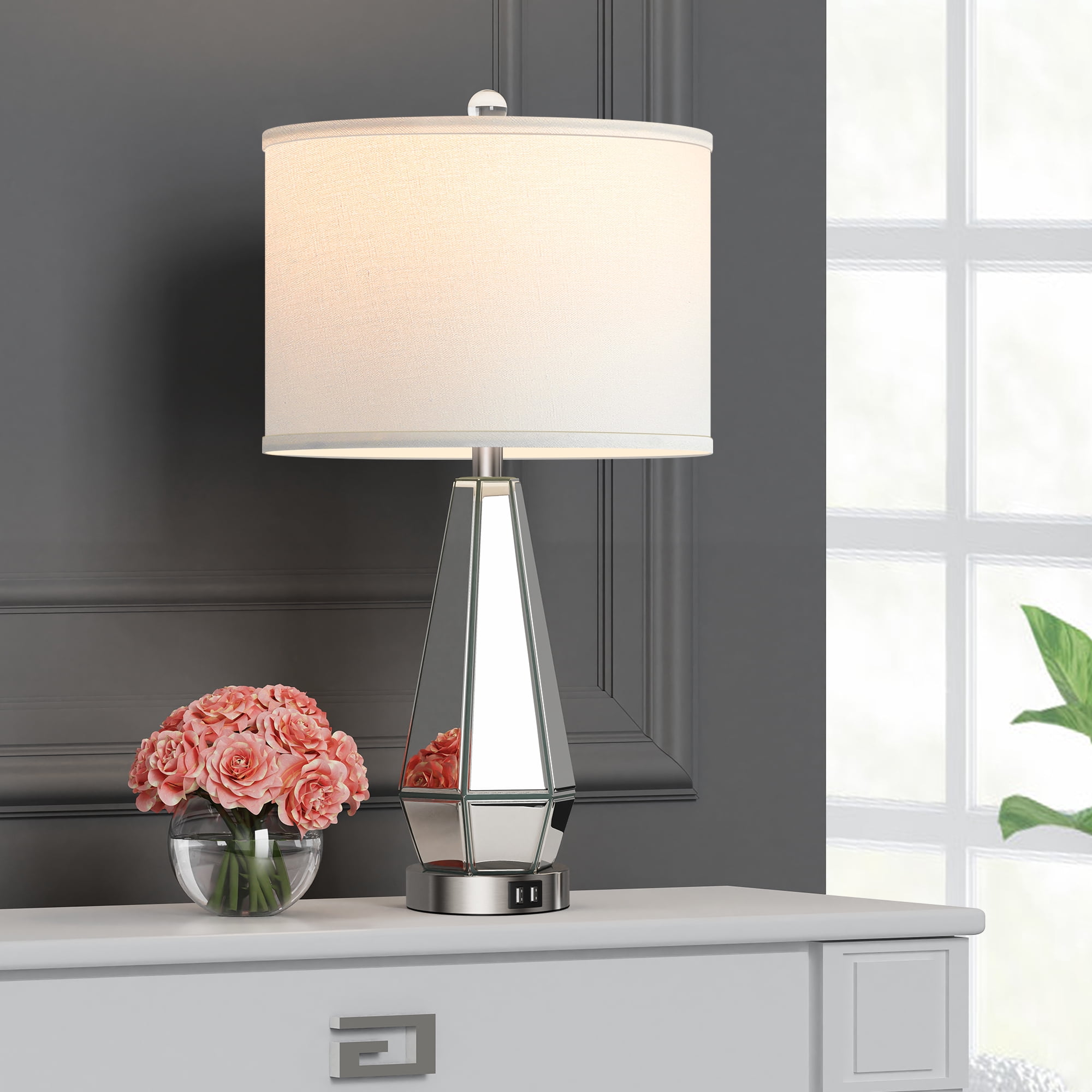 Set of 2 Mirrored Glass Bedside Table Lamps with 2 USB Ports for Bedrooms Modern Side Nightstand Lamps