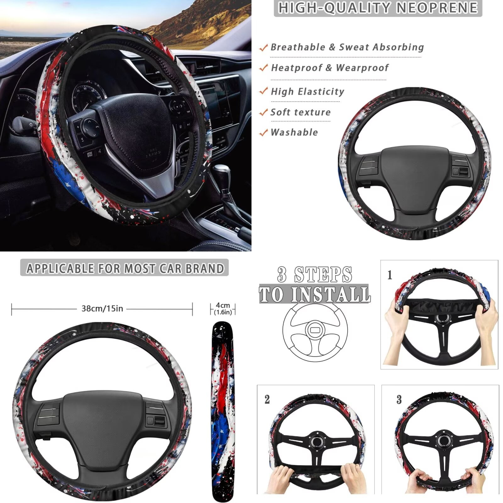 Garronmavis American Flag Seat Covers Full Set with Steering Wheel Wrap Gear Shift Cover Handbrake Sleeve Headrest Protectors Cup Coasters Decor Accessories Fit for Sedans Van Truck SUV