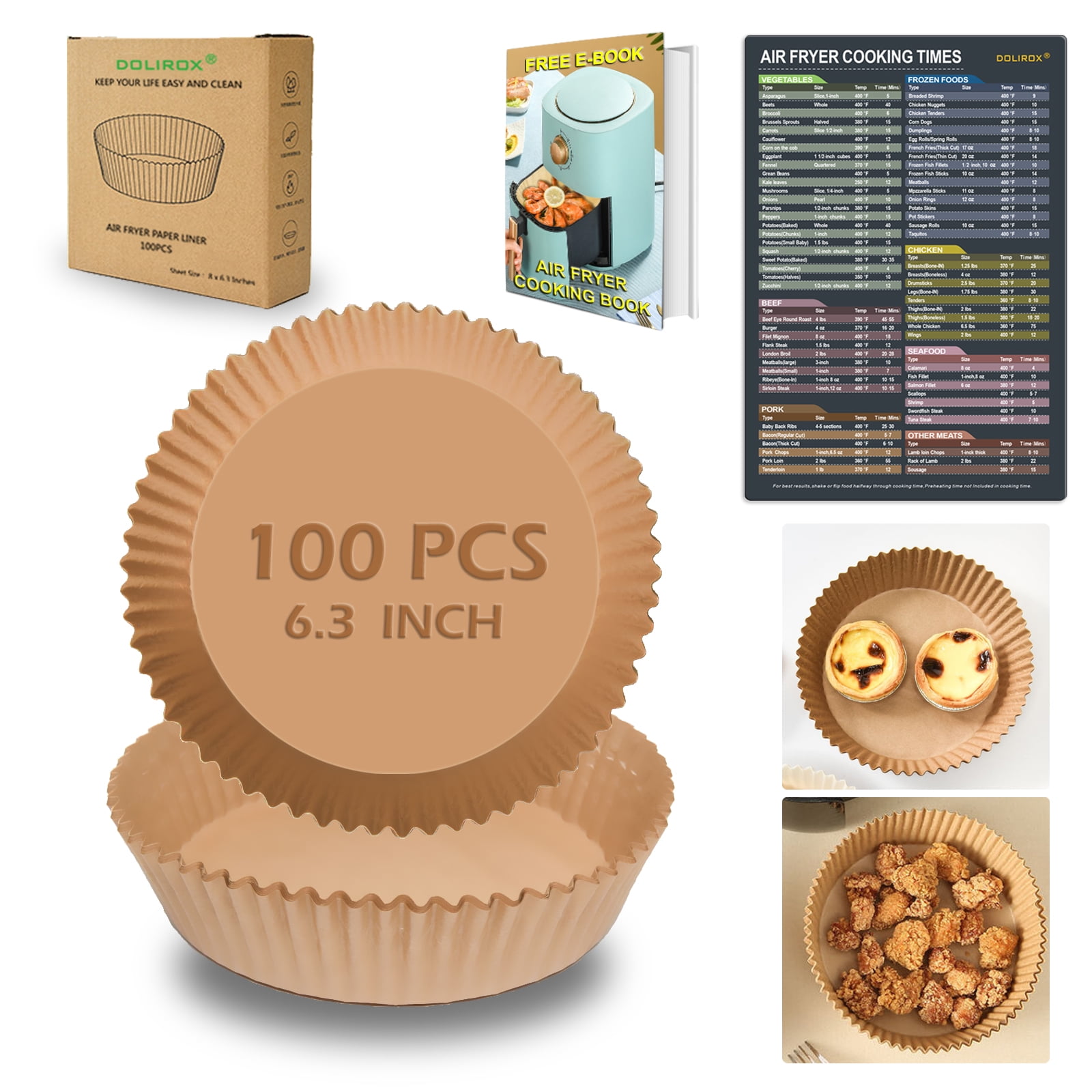 Air Fryer Liners 100pcs w/ Magnetic Cheat Sheet & Air Fryer Accessories Cook Times E-Cookbook, NON-Stick Parchment Paper Round Airfryer Instant Pot Oven Insert Parchment Sheets