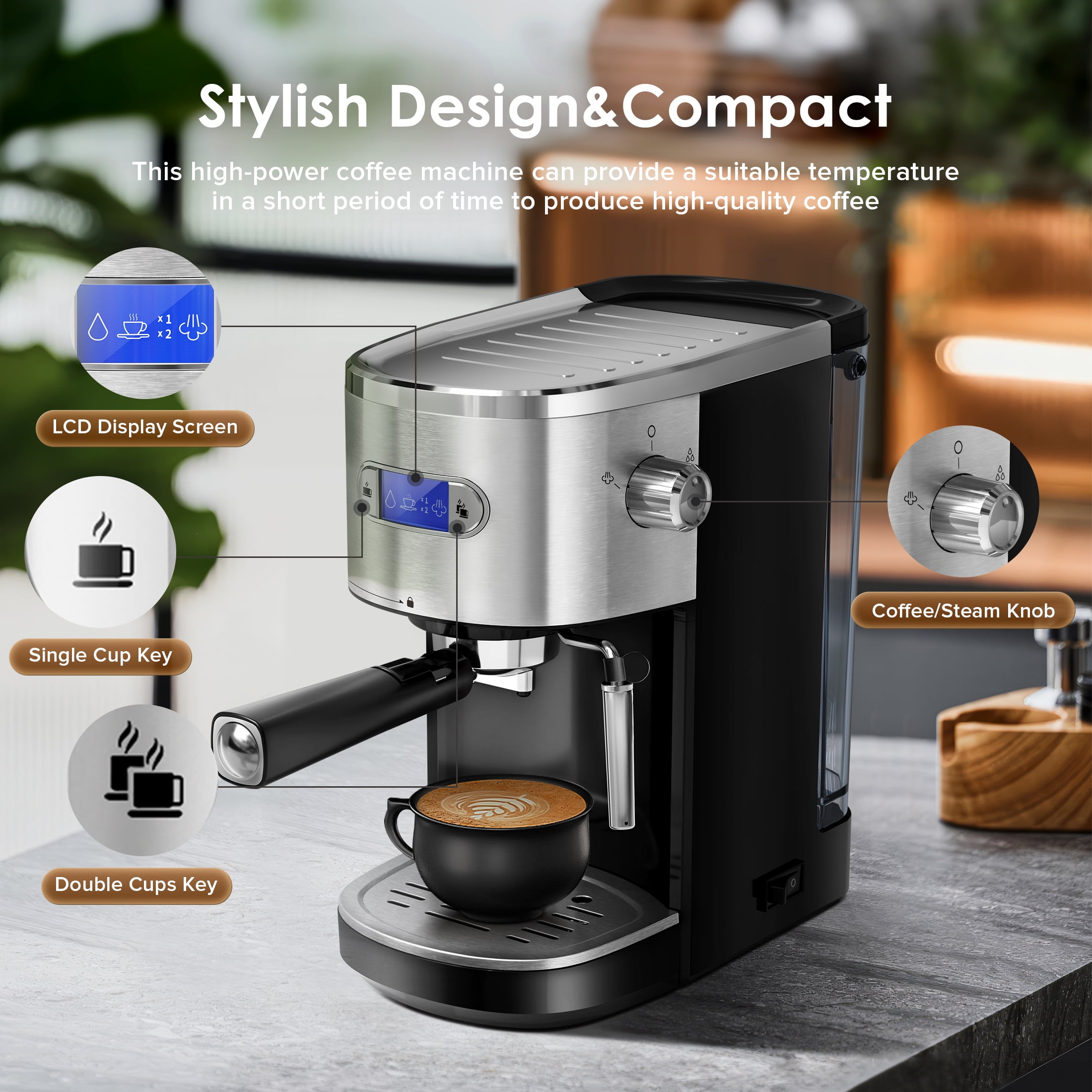 Auseo 20 Bar Espresso Coffee Maker, Drip Coffee Machine with 1-2 Cup, Espresso Machine with Milk Frother Steam Wand, 45 OZ Removable Water Tank for Home/Office/Cafe, Black
