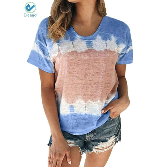 Deago Women's Tie Dye Print T-Shirt Short Sleeve Casual Loose Round Neck Tunic Tops Blouses Plus Size (Blue, 3XL)