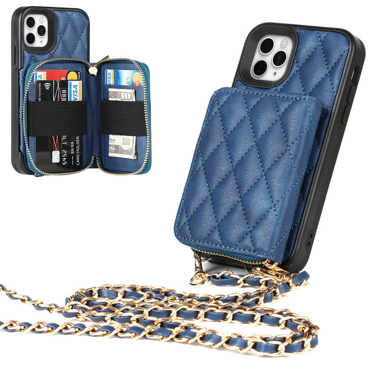 Allytech Crossbody Wallet Case for iPhone 12/12 Pro, Quilted PU Leather Zipper Handbag Purse Flip Kickstand Folio Card Slots Holder Wrist Strap
