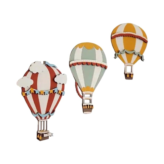 3pcs Hot Air Balloon Wall Art Wooden Nursery Decor with Assorted Colours, Boho Style Wall Embellishment for Bedrooms and Family Living Areas
