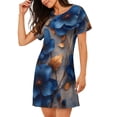 thumbnail image 2 of Easygdp Elegant Blue Gold Blooms Camisón de manga corta para mujer, informal, estampado, 2 of 6