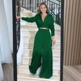 thumbnail image 4 of 2 Pcs/Set Women Top Pants Suit Low-cut V Neck Turn-down Collar Pleated Short Shirt High Waist Wide Leg Deep Crotch Trousers Dating Commuting Outfit, 4 of 8