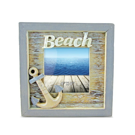 Puzzled CoTa Global Vintage Beach 4x4 Frame - Blue Distressed Wood Anchor Photo Frame, Handmade Beach Anchor Nautical Picture Frame For Tabletop or Wall Hang - 7.25 Inches