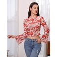 thumbnail image 5 of IDOPIP Bell Sleeve Tops for women Lettuce Trim Mock Neck Floral Mesh Top Crop T Shirt S-XL, 5 of 9
