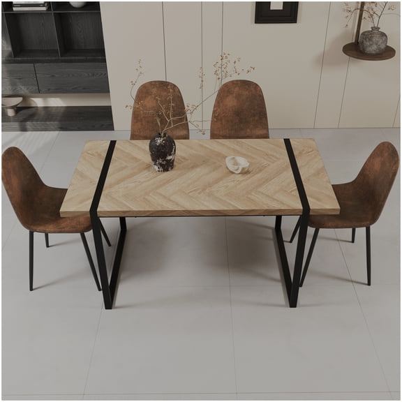 59" Farmhouse Dining Table and Chair Set for 4, Industrial Brown Table with Suede Upholstered Chairs, Black Metal Base Kitchen Furniture Set