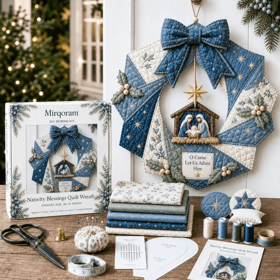 Christmas Fabric Wreath DIY Kit, Decorate Your Craft Room or Entryway, Quilted Fabric Art Kit with Easy Step-by-Step Guide Nativity