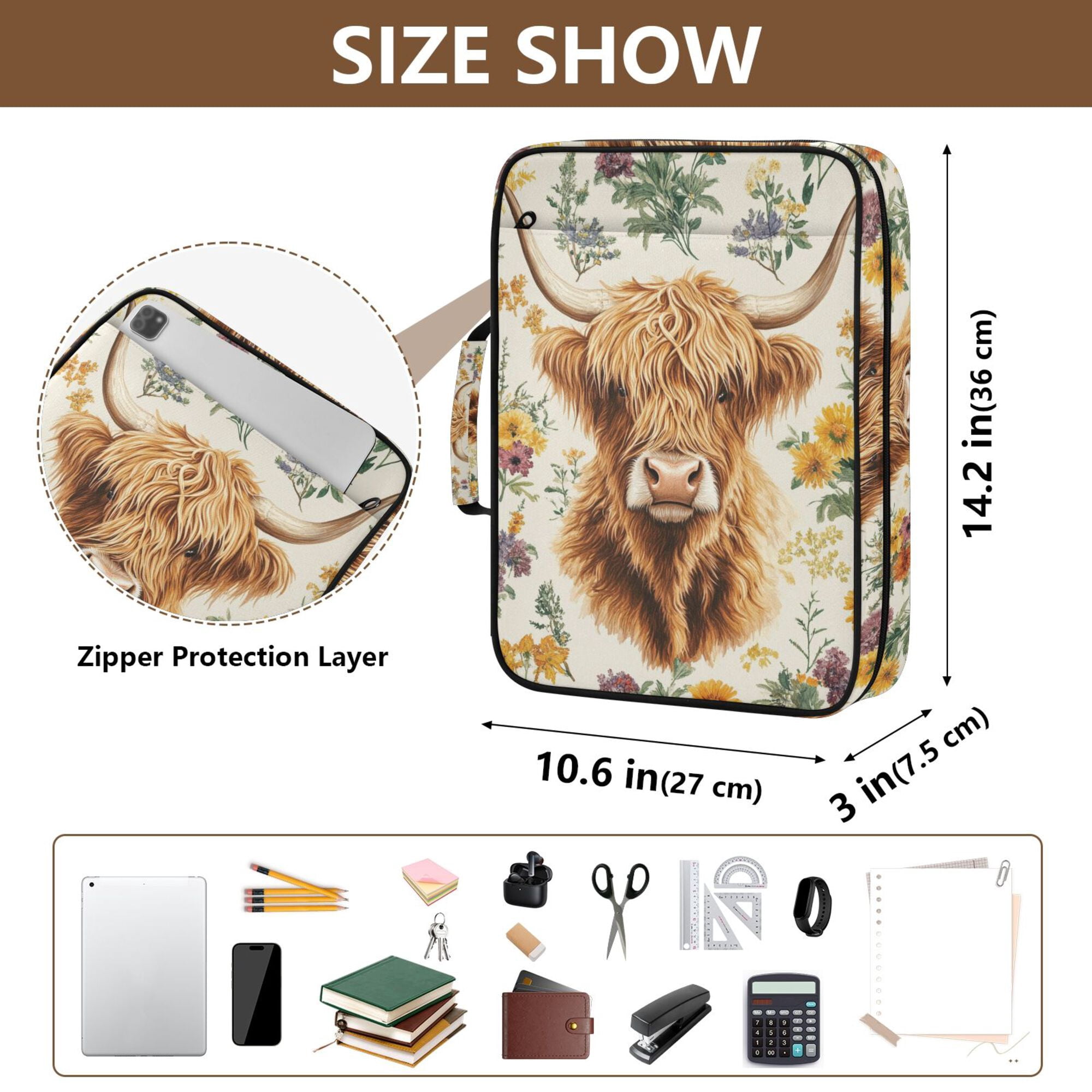 FORMRS Accordion File Folder A4 Size 7-Pocket Expanding Document Organizer Bag with 3 Ring Binder, Floral Cow