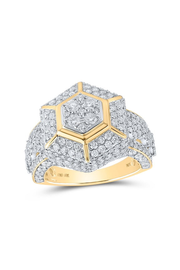 10kt Yellow Gold Mens Round Diamond Hexagon Cluster Ring 3-5/8 Cttw