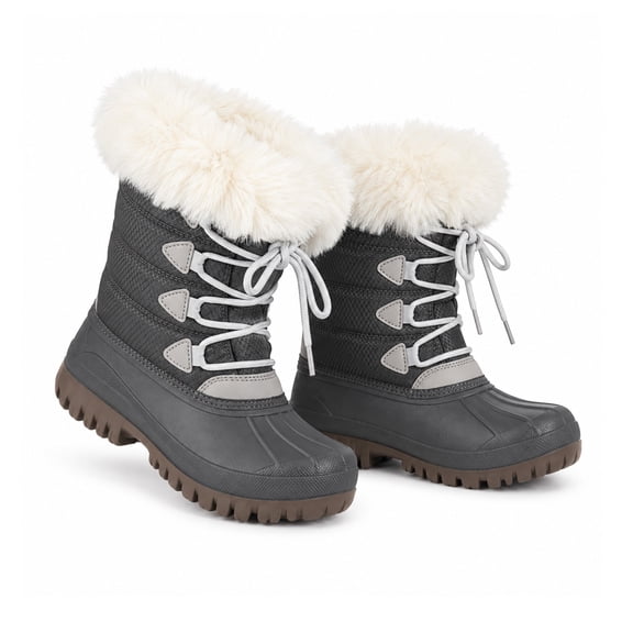 NIPAXO Kids Snow Boots Waterproof Winter Boots Grey Rubber Shell White Faux Fur Collar Classic Lace-Up Winter Boots for Boys Girls
