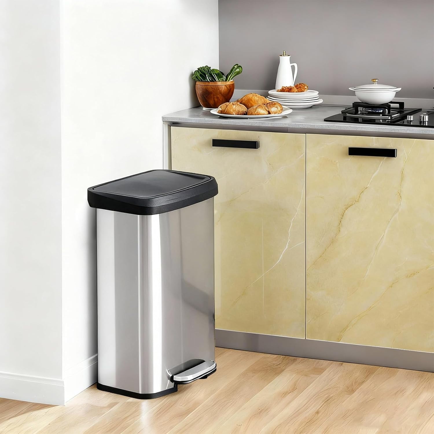Kitchen Trash Can, 21.2 Gallon Garbage Can with Single Inner Bins, 80 Liter Large Capacity Trash Can with Soft-Close Foot Pedal, Stainless Steel