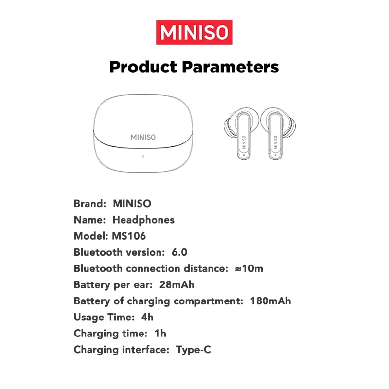 MINISO MS106 Wireless Bluetooth 6.0 In-Ear Earbuds, AI Translator, Noise-Cancelling Headphones, 130+ Languages, 28H,Black + Earbud Case