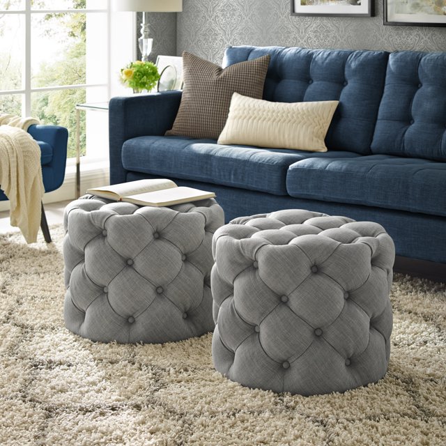 Inspired Home Sandy Linen Ottoman Allover Tufted Round Modern Contemporary 1 PC, Light Grey