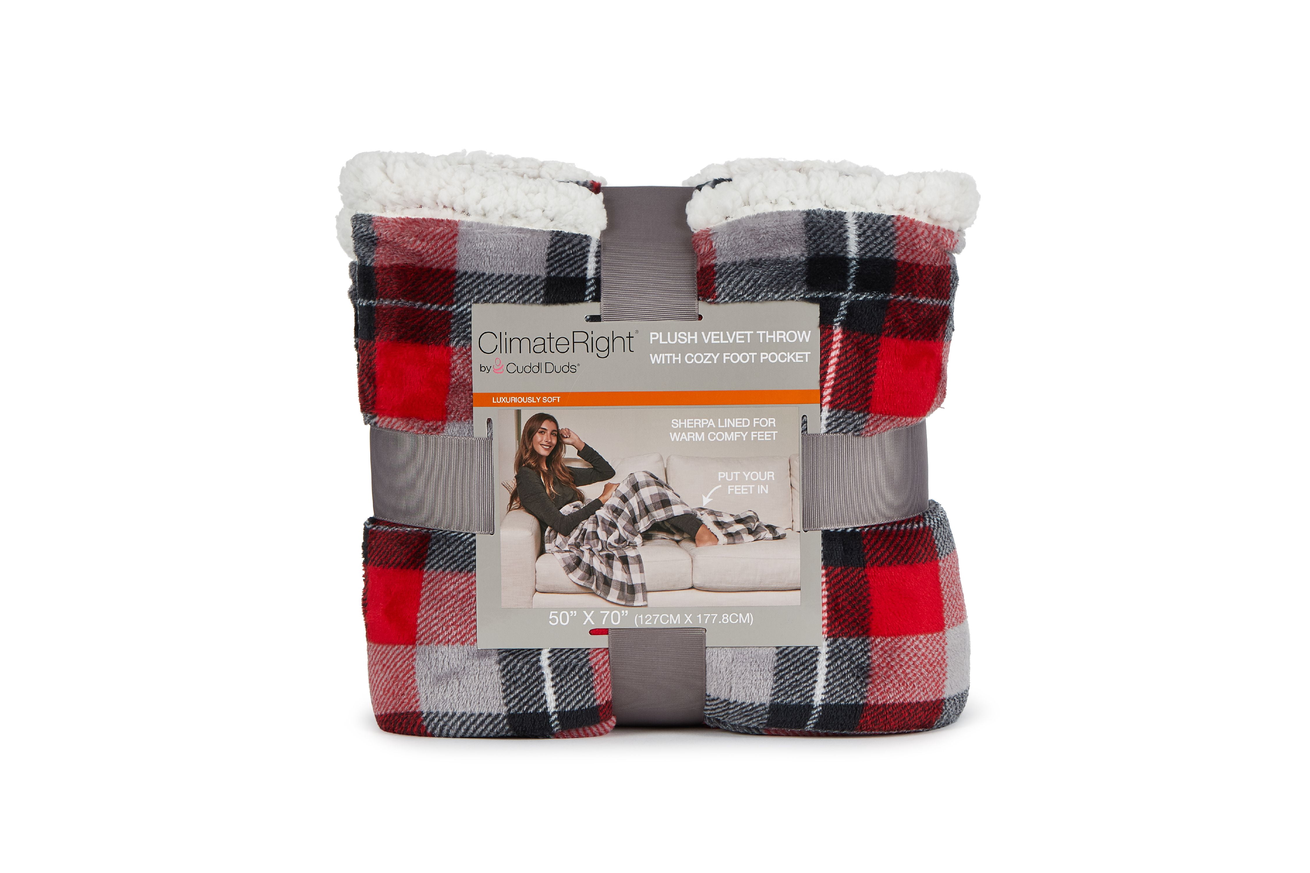 Cuddl Duds Oversized Throw Blanket with a Sherpa Foot Pocket, 50" x 70", Gray and Red Plaid