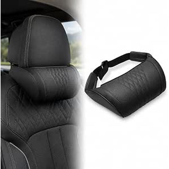 XAOUS Car Headrest Neck Pillow with Memory Foam, Ergonomic Support,Black | Perforated Nappa leather travel accessory featuring adjustable buckle strap for sedans, SUVs and office chairs