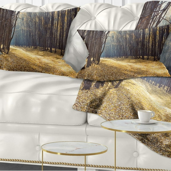Designart Path in the Fall Forest Panorama - Forest Throw Pillow - 12x20