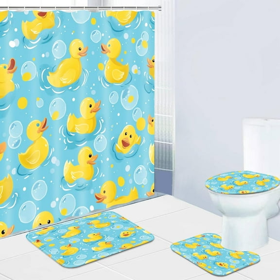 4 Pcs Navy Blue Floral Shower Curtain Set Bathroom Sets with Waterproof Fabric Shower Curtain and Non-Slip Rugs Toilet Lid Cover Bath Mat Decor with Hooks(72x72 Inch)