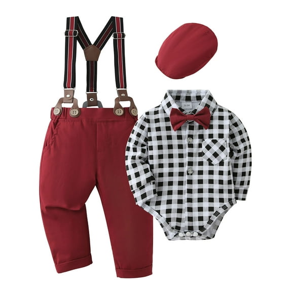 CARETOO Baby Boy Clothes Set Infant Long Sleeve Gentleman Suit Suspender Pants Bowtie Hat 0-24M 4pcs