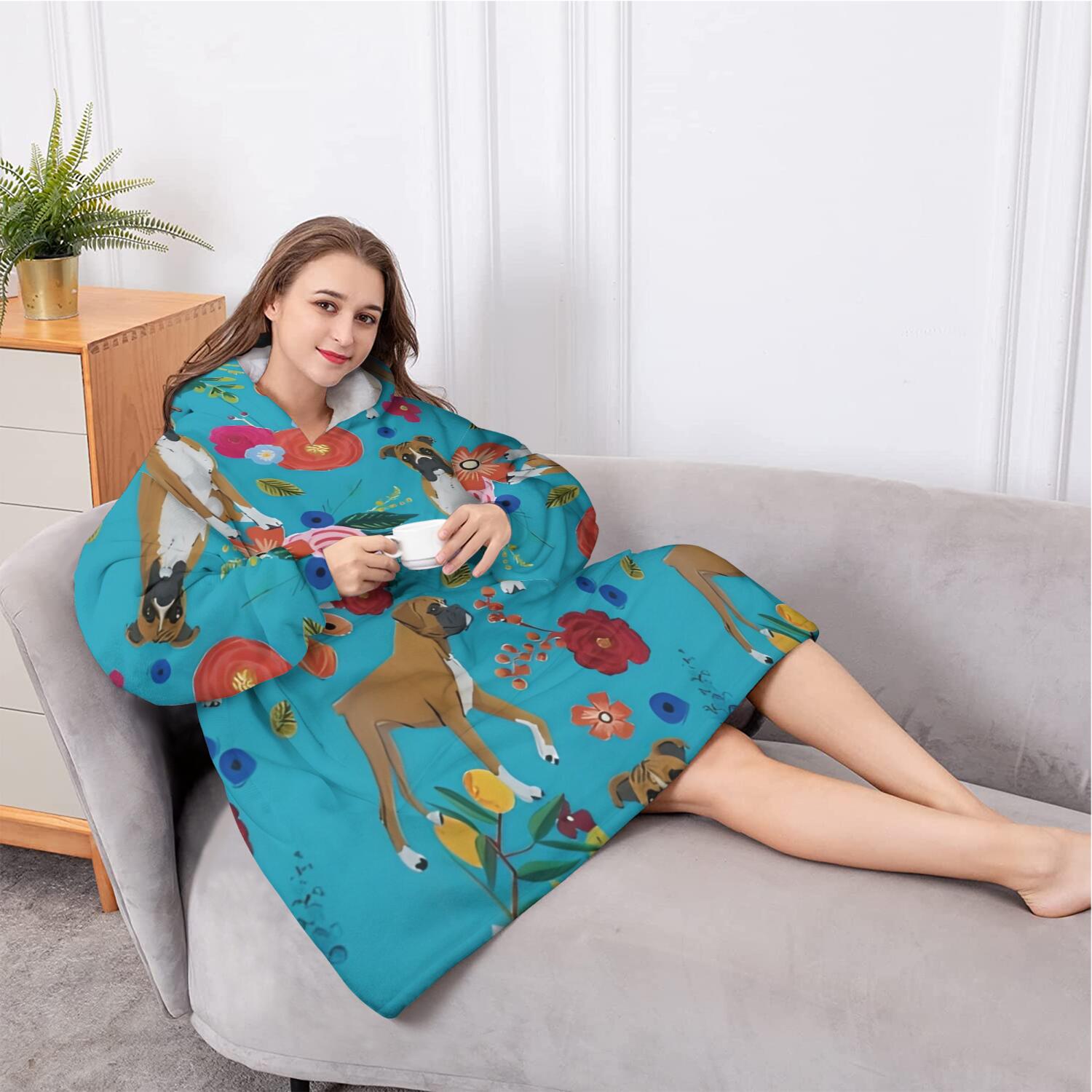 Oversized Wearable Blanket Hoodie,Dogs with Pioneer Flower Sherpa Blanket Hoodie with Super Pockets,Super Warm Fuzzy Pullover for Women & Men