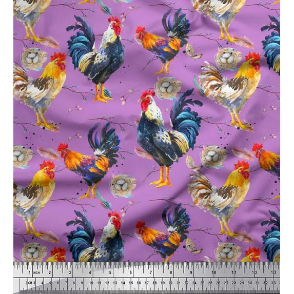 Soimoi Crepe Silk Fabric Eggs,Nest & Hen Bird Print Fabric by the Yard 42 Inch Wide