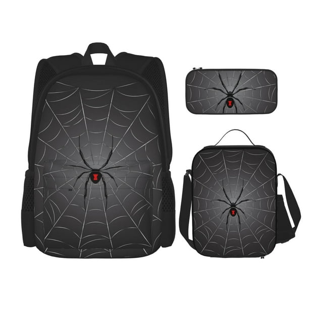 Balery Black Spider On Web Mochila escolar 3 en 1 para niños: mochila resistente con lonchera térmica y estuche para lápices. Mochila escolar para niños y niñas.