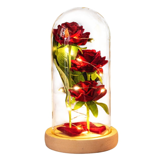 Luz decorativa de la rosa roja del regalo festivo de la decoración de la cubierta de cristal de tres rosas
